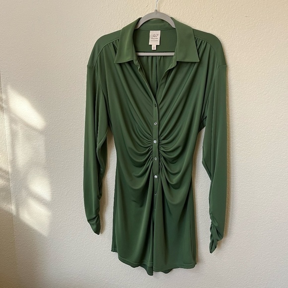Cinq A Sept | Arden Ruched Long Sleeve Rippled Shirt Dress In Green | Size S - Picture 4 of 13